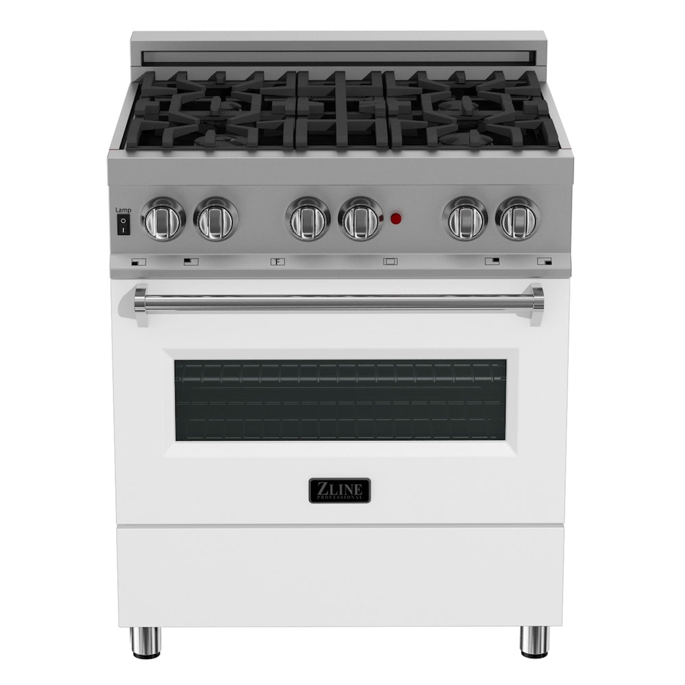 ZLINE 30 in. 4.0 cu. ft. Legacy Dual Fuel Range with 4 Burner Gas Cooktop and Electric Convection Oven in Satin Stainless Steel and White Matte Door (RAS-WM-30) front, oven closed.