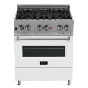 ZLINE 30 in. 4.0 cu. ft. Legacy Dual Fuel Range with 4 Burner Gas Cooktop and Electric Convection Oven in Satin Stainless Steel and White Matte Door (RAS-WM-30) front, oven closed.
