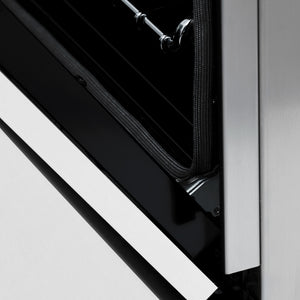 ZLINE 36 in. 4.6 cu. ft. Legacy Dual Fuel Range with 6 Burner Gas Cooktop and Electric Convection Oven in Satin Stainless Steel and White Matte Door (RAS-WM-36) detail, StayPut hinge.