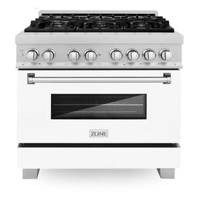 ZLINE 36 in. 4.6 cu. ft. Legacy Dual Fuel Range with 6 Burner Gas Cooktop and Electric Convection Oven in Satin Stainless Steel and White Matte Door (RAS-WM-36) front, oven closed.