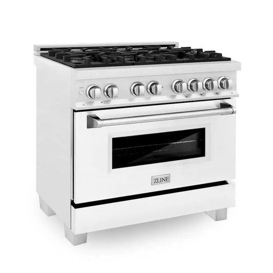 ZLINE 36 in. 4.6 cu. ft. Legacy Dual Fuel Range with 6 Burner Gas Cooktop and Electric Convection Oven in Satin Stainless Steel and White Matte Door (RAS-WM-36) main image.