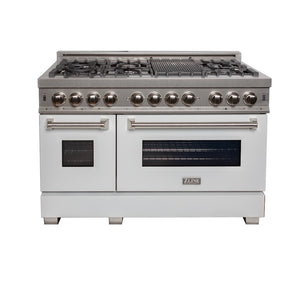 ZLINE 48 in. 6.0 cu. ft. Legacy Dual Fuel Range with 7 Burner Gas Cooktop and 2 Electric Ovens in Satin Stainless Steel and White Matte Doors (RAS-WM-48) front, oven closed.