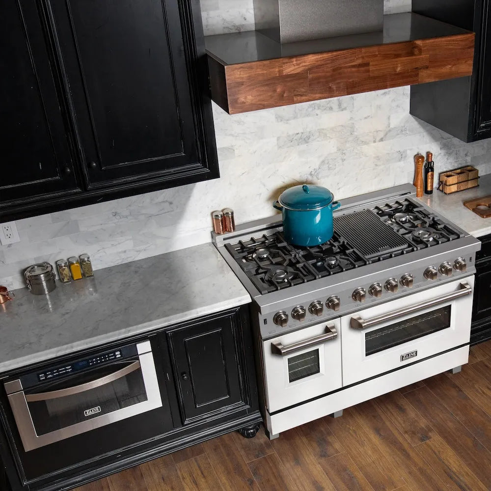 Rustic kitchen with ZLINE 48 in. 6.0 cu. ft. Legacy Dual Fuel Range with 7 Burner Gas Cooktop and 2 Electric Ovens in Satin Stainless Steel and White Matte Doors (RAS-WM-48) and black cabinets