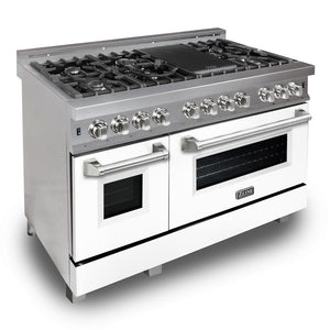 ZLINE 48 in. 6.0 cu. ft. Legacy Dual Fuel Range with 7 Burner Gas Cooktop and 2 Electric Ovens in Satin Stainless Steel and White Matte Doors (RAS-WM-48)