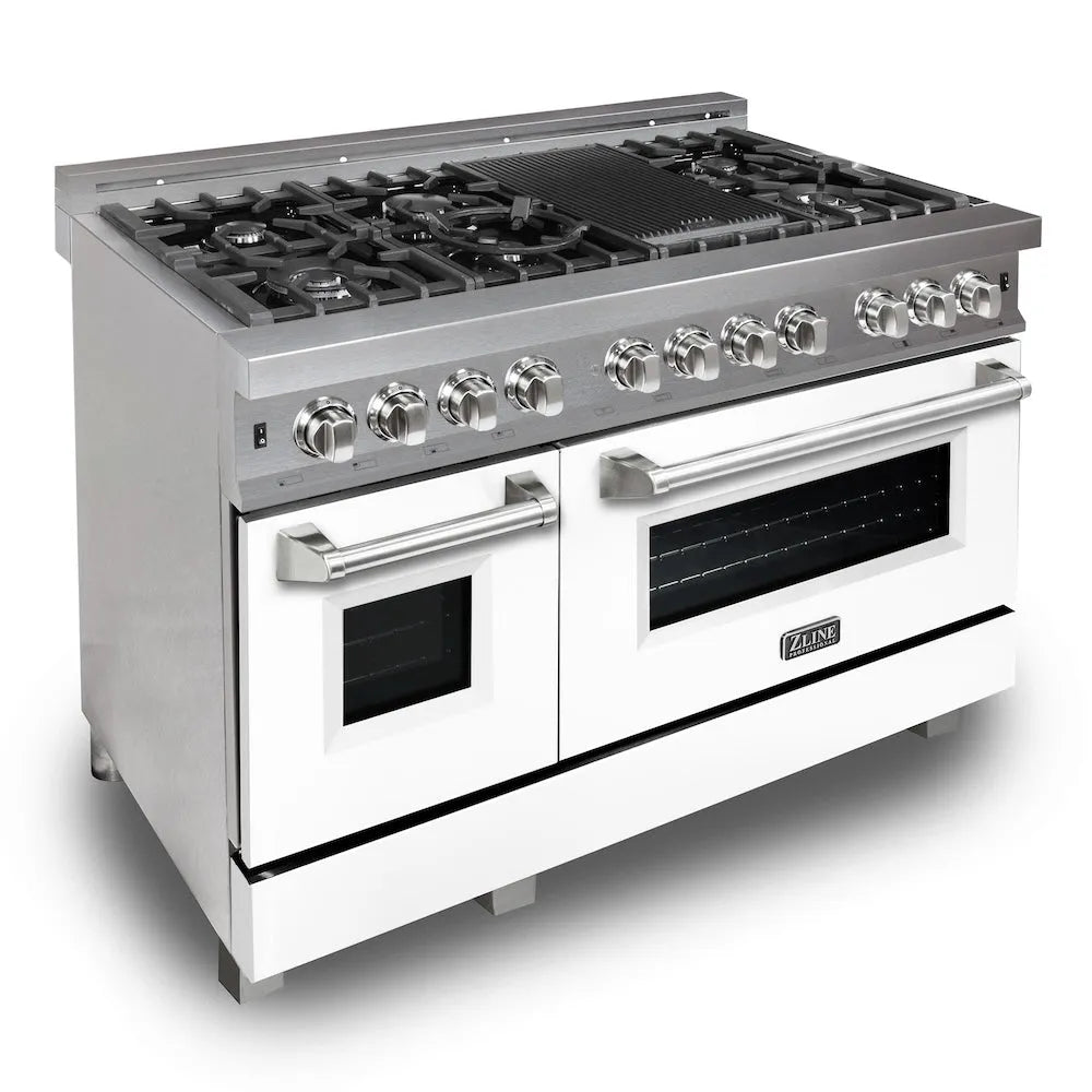 ZLINE 48 in. 6.0 cu. ft. Legacy Dual Fuel Range with 7 Burner Gas Cooktop and 2 Electric Ovens in Satin Stainless Steel and White Matte Doors (RAS-WM-48) main image.
