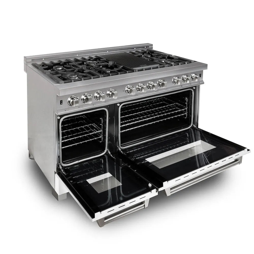 ZLINE 48 in. 6.0 cu. ft. Legacy Dual Fuel Range with 7 Burner Gas Cooktop and 2 Electric Ovens in Satin Stainless Steel and White Matte Doors (RAS-WM-48) side, ovens open.