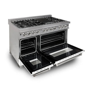 ZLINE 48 in. 6.0 cu. ft. Legacy Dual Fuel Range with 7 Burner Gas Cooktop and 2 Electric Ovens in Satin Stainless Steel and White Matte Doors (RAS-WM-48) side, ovens open.