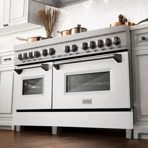 ZLINE 60 in. 7.4 cu. ft. Legacy Dual Fuel Range with 9 Burner Gas Cooktop and 2 Electric Convection Ovens in Satin Stainless Steel and White Matte Doors (RAS-WM-60) below, in a luxury farmhouse-style kitchen.