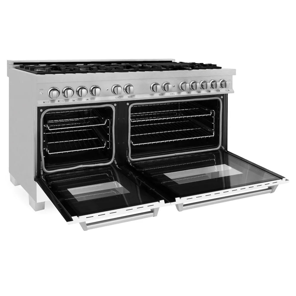 ZLINE 60 in. 7.4 cu. ft. Legacy Dual Fuel Range with 9 Burner Gas Cooktop and 2 Electric Convection Ovens in Satin Stainless Steel and White Matte Doors (RAS-WM-60) side, oven open.