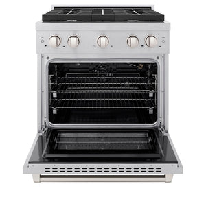 ZLINE 30 in. 4.2 cu. ft. Paramount Gas Range with 4 Burner Cooktop and Convection Gas Oven in Satin Stainless Steel (SGRS-30) front, open.