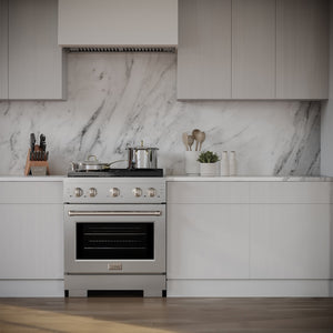 ZLINE 30 in. 4.2 cu. ft. Paramount Gas Range with 4 Burner Cooktop and Convection Gas Oven in Satin Stainless Steel (SGRS-30) in a luxury kitchen.