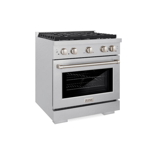 ZLINE 30 in. 4.2 cu. ft. Paramount Gas Range with 4 Burner Cooktop and Convection Gas Oven in Satin Stainless Steel (SGRS-30) side.