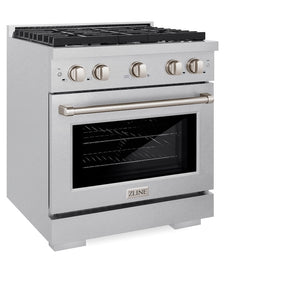 ZLINE 30 in. 4.2 cu. ft. Paramount Gas Range with 4 Burner Cooktop and Convection Gas Oven in Satin Stainless Steel (SGRS-30) side, oven closed.