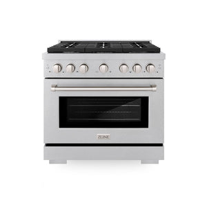 ZLINE 36 in. 5.2 cu. ft. Paramount Gas Range with 6 burner Cooktop and Convection Gas Oven in Satin Stainless Steel (SGRS-36) front.
