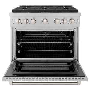 ZLINE 36 in. 5.2 cu. ft. Paramount Gas Range with 6 burner Cooktop and Convection Gas Oven in Satin Stainless Steel (SGRS-36) front, open.