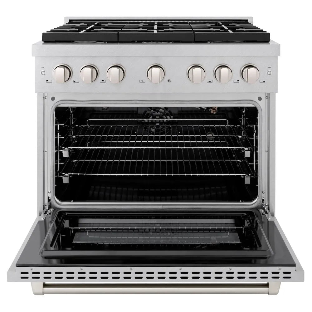 ZLINE 36 in. 5.2 cu. ft. Paramount Gas Range with 6 burner Cooktop and Convection Gas Oven in Satin Stainless Steel (SGRS-36) front, open.
