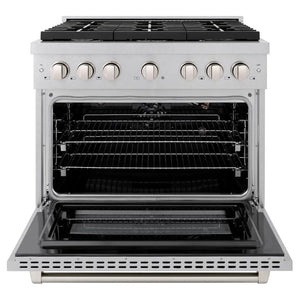 ZLINE 36 in. 5.2 cu. ft. Paramount Gas Range with 6 burner Cooktop and Convection Gas Oven in Satin Stainless Steel (SGRS-36) front, open.