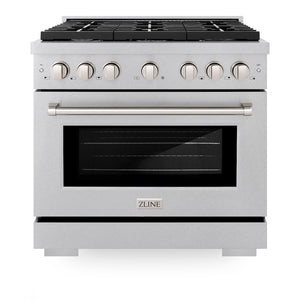 ZLINE 36 in. 5.2 cu. ft. Paramount Gas Range with 6 burner Cooktop and Convection Gas Oven in Satin Stainless Steel (SGRS-36) front, oven closed.