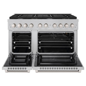 ZLINE 48 in. 6.7 cu. ft. Paramount Double Oven Gas Range with 8 Burner Cooktop in Satin Stainless Steel (SGRS-48) front, open.