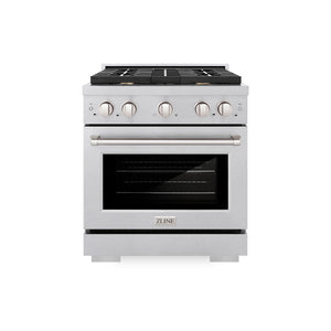 ZLINE 30 in. 4.2 cu. ft. Paramount Gas Range with Convection Gas Oven in Satin Stainless Steel with 4 Brass Burners (SGRS-BR-30) front.