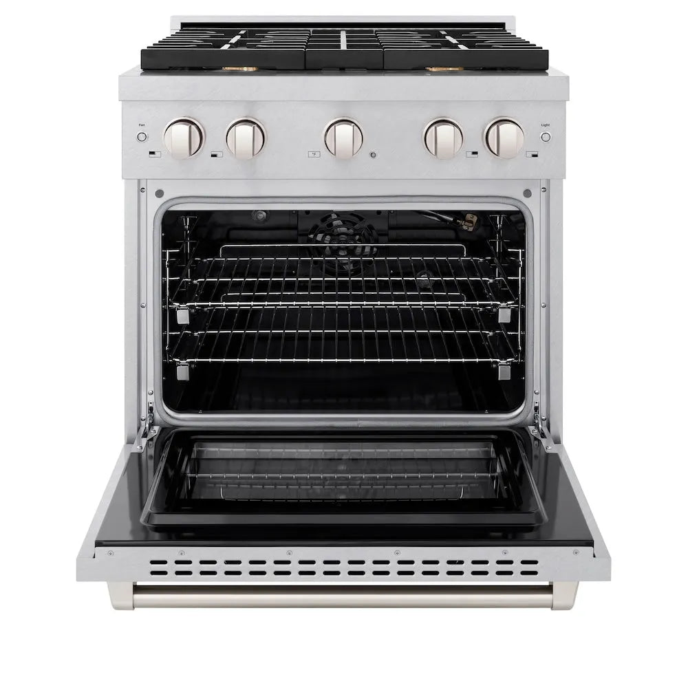ZLINE 30 in. 4.2 cu. ft. Paramount Gas Range with Convection Gas Oven in Satin Stainless Steel with 4 Brass Burners (SGRS-BR-30) front, open.
