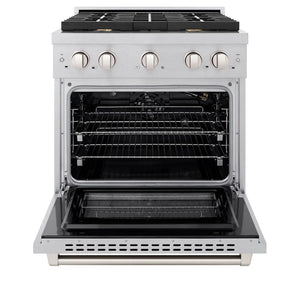 ZLINE 30 in. 4.2 cu. ft. Paramount Gas Range with Convection Gas Oven in Satin Stainless Steel with 4 Brass Burners (SGRS-BR-30) front, open.