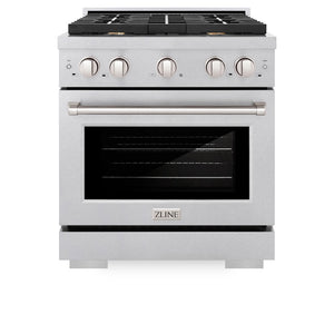 ZLINE 30 in. 4.2 cu. ft. Paramount Gas Range with Convection Gas Oven in Satin Stainless Steel with 4 Brass Burners (SGRS-BR-30) front, oven closed.