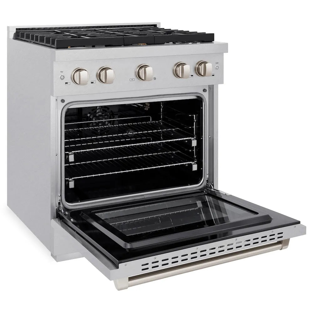 ZLINE 30 in. 4.2 cu. ft. Paramount Gas Range with Convection Gas Oven in Satin Stainless Steel with 4 Brass Burners (SGRS-BR-30) side, oven open.