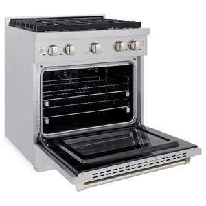ZLINE 30 in. 4.2 cu. ft. Paramount Gas Range with Convection Gas Oven in Satin Stainless Steel with 4 Brass Burners (SGRS-BR-30) side, oven open.