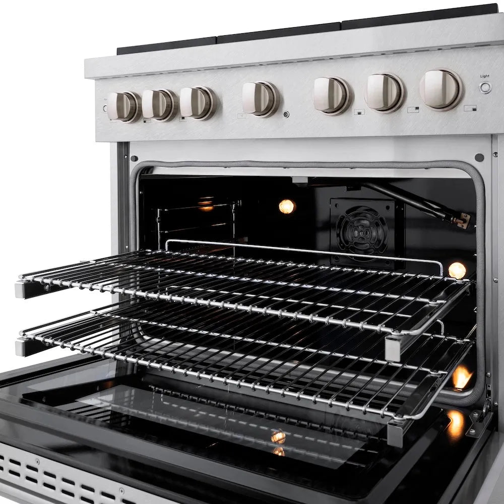 ZLINE 36 in. 5.2 cu. ft. Paramount Gas Range with Convection Gas Oven in Satin Stainless Steel with 6 Brass Burners (SGRS-BR-36) oven with open door showing interior racks and lights.