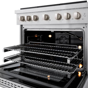 ZLINE 36 in. 5.2 cu. ft. Paramount Gas Range with Convection Gas Oven in Satin Stainless Steel with 6 Brass Burners (SGRS-BR-36) oven with open door showing interior racks and lights.