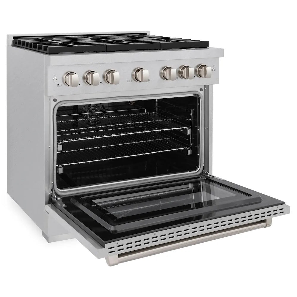 ZLINE 36 in. 5.2 cu. ft. Paramount Gas Range with Convection Gas Oven in Satin Stainless Steel with 6 Brass Burners (SGRS-BR-36) side, oven open