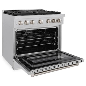ZLINE 36 in. 5.2 cu. ft. Paramount Gas Range with Convection Gas Oven in Satin Stainless Steel with 6 Brass Burners (SGRS-BR-36) side, oven open