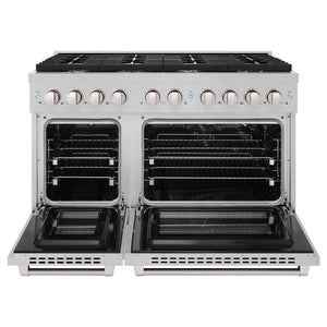 ZLINE 48 in. 6.7 cu. ft. Paramount Double Oven Gas Range in Satin Stainless Steel with 8 Brass Burners (SGRS-BR-48) front, open.