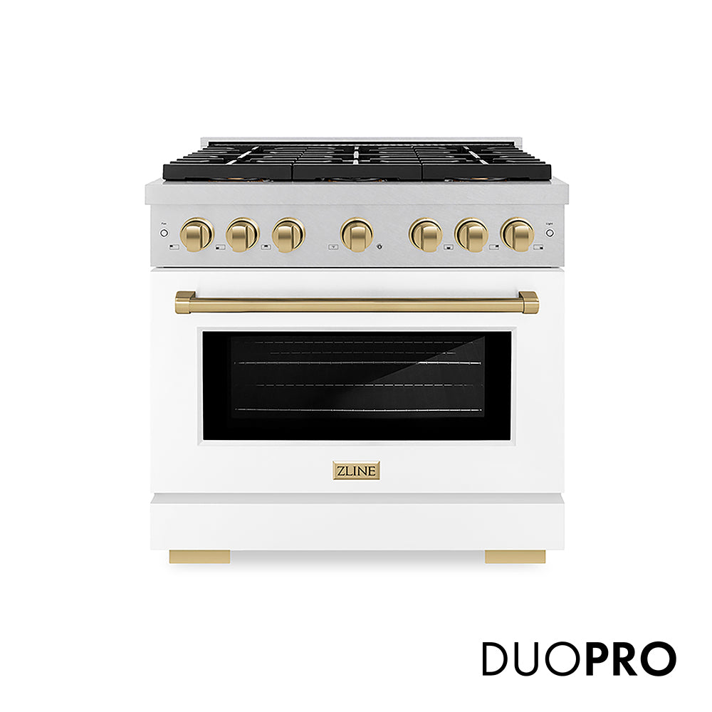 ZLINE Autograph Edition 36 in. 5.2 cu. ft. Paramount Dual Fuel Range with 6 Burner DuoPro™ Cooktop and Electric Convection Oven in Satin Stainless Steel with White Matte Door and Champagne Bronze Accents (PSDRSZ-WM-36-CB)