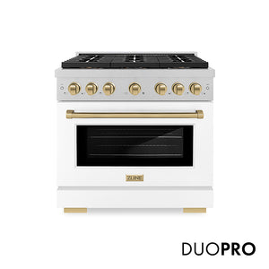 ZLINE Autograph Edition 36 in. 5.2 cu. ft. Paramount Dual Fuel Range with 6 Burner DuoPro™ Cooktop and Electric Convection Oven in Satin Stainless Steel with White Matte Door and Champagne Bronze Accents (PSDRSZ-WM-36-CB)