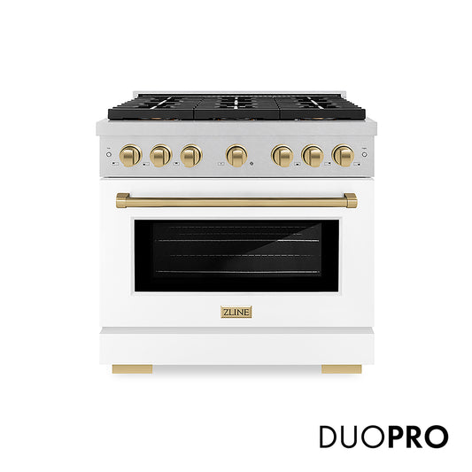ZLINE Autograph Edition 36 in. 5.2 cu. ft. Paramount Dual Fuel Range with 6 Burner DuoPro™ Cooktop and Electric Convection Oven in Satin Stainless Steel with White Matte Door and Champagne Bronze Accents (PSDRSZ-WM-36-CB)