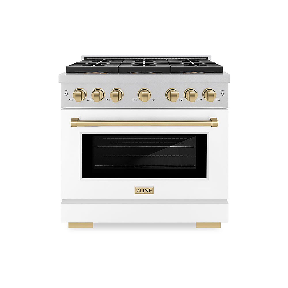 ZLINE Autograph Edition 36 in. 5.2 cu. ft. Paramount Dual Fuel Range with 6 Burner DuoPro™ Cooktop and Electric Convection Oven in Satin Stainless Steel with White Matte Door and Champagne Bronze Accents (PSDRSZ-WM-36-CB)
