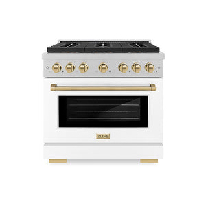 ZLINE Autograph Edition 36 in. 5.2 cu. ft. Paramount Dual Fuel Range with 6 Burner DuoPro™ Cooktop and Electric Convection Oven in Satin Stainless Steel with White Matte Door and Champagne Bronze Accents (PSDRSZ-WM-36-CB)