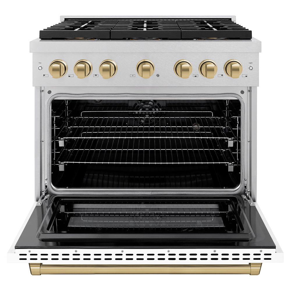 ZLINE Autograph Edition 36 in. 5.2 cu. ft. Paramount Dual Fuel Range with 6 Burner DuoPro™ Cooktop and Electric Convection Oven in Satin Stainless Steel with White Matte Door and Champagne Bronze Accents (PSDRSZ-WM-36-CB) front, oven open.