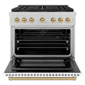 ZLINE Autograph Edition 36 in. 5.2 cu. ft. Paramount Dual Fuel Range with 6 Burner DuoPro™ Cooktop and Electric Convection Oven in Satin Stainless Steel with White Matte Door and Champagne Bronze Accents (PSDRSZ-WM-36-CB) front, oven open.