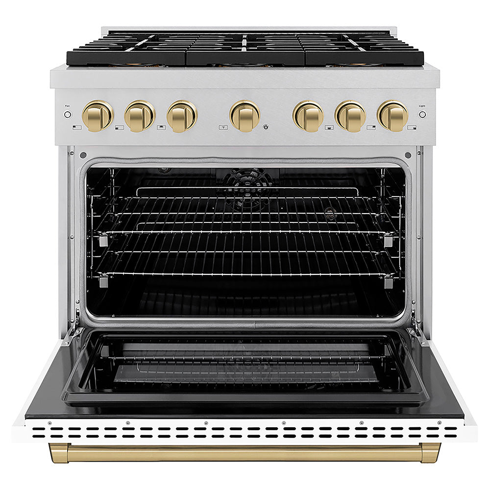 ZLINE Autograph Edition 36 in. 5.2 cu. ft. Paramount Dual Fuel Range with 6 Burner DuoPro™ Cooktop and Electric Convection Oven in Satin Stainless Steel with White Matte Door and Champagne Bronze Accents (PSDRSZ-WM-36-CB)