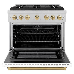 ZLINE Autograph Edition 36 in. 5.2 cu. ft. Paramount Dual Fuel Range with 6 Burner DuoPro™ Cooktop and Electric Convection Oven in Satin Stainless Steel with White Matte Door and Champagne Bronze Accents (PSDRSZ-WM-36-CB)
