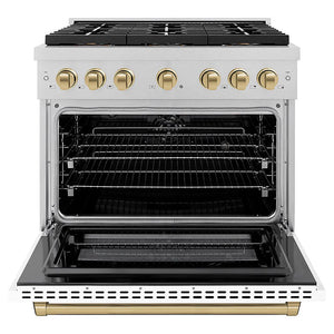 ZLINE Autograph Edition 36 in. 5.2 cu. ft. Paramount Dual Fuel Range with 6 Burner DuoPro™ Cooktop and Electric Convection Oven in Satin Stainless Steel with White Matte Door and Champagne Bronze Accents (PSDRSZ-WM-36-CB) front, oven open.