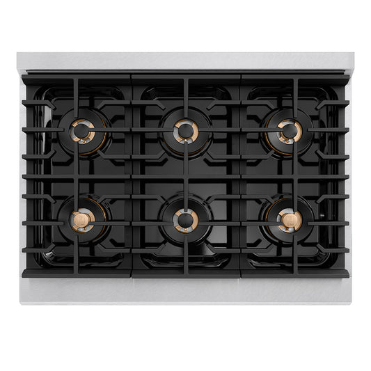 ZLINE Autograph Edition 36 in. 5.2 cu. ft. Paramount Dual Fuel Range with 6 Burner DuoPro™ Cooktop and Electric Convection Oven in Satin Stainless Steel with White Matte Door and Champagne Bronze Accents (PSDRSZ-WM-36-CB) top-down, above cooktop.