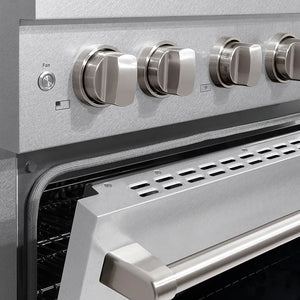 ZLINE 30 in. 4.2 cu. ft. Paramount Gas Range with 4 Burner DuoPro™ Cooktop and Convection Gas Oven in Satin Stainless Steel (PSGRS-30) oven door slightly open showing handle detail.