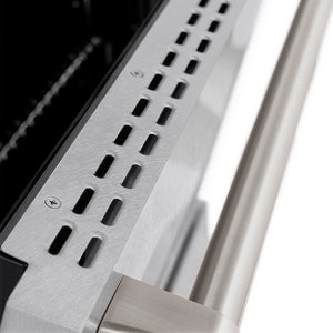 ZLINE 30 in. 4.2 cu. ft. Paramount Gas Range with 4 Burner DuoPro™ Cooktop and Convection Gas Oven in Satin Stainless Steel (PSGRS-30) oven door slightly open showing handle detail.