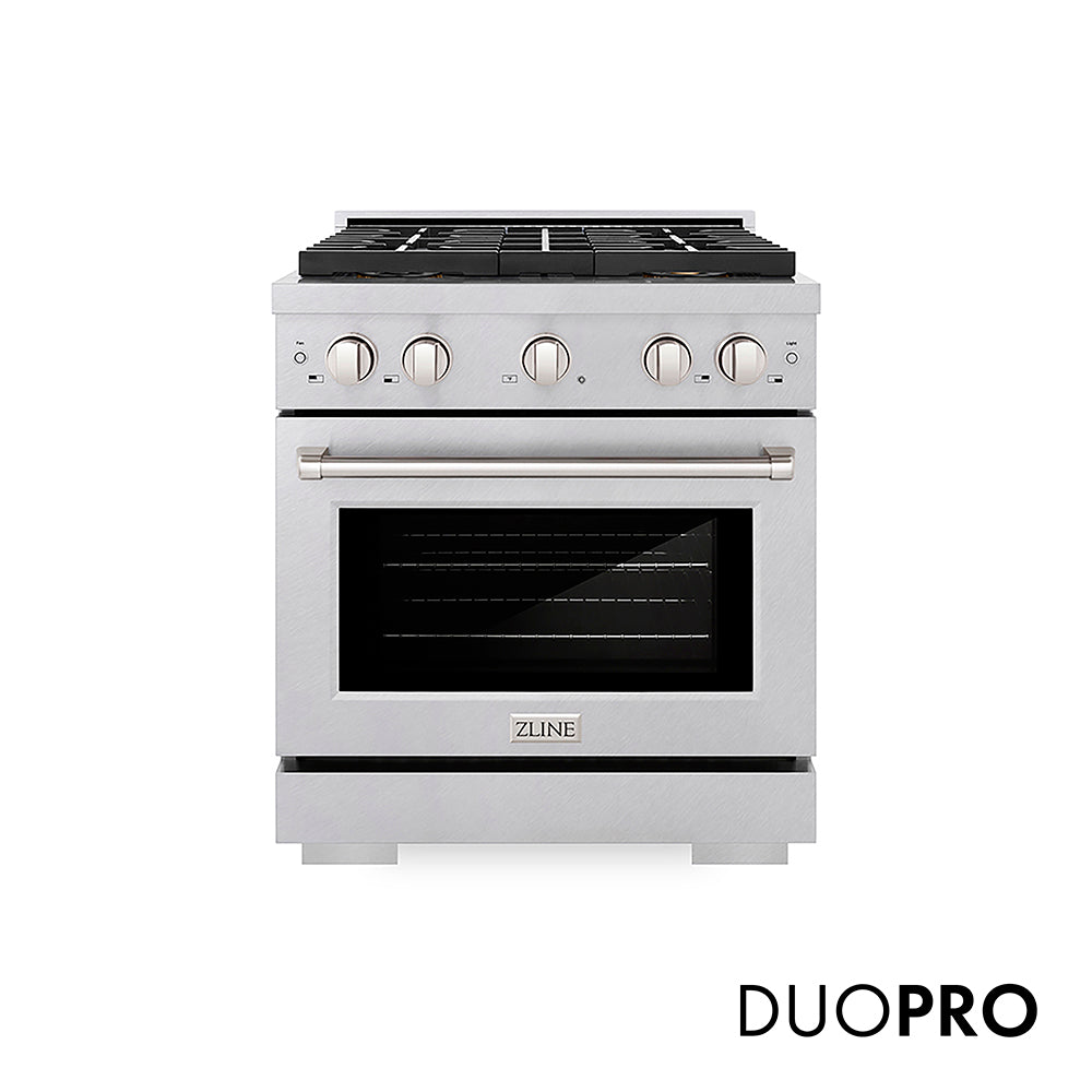 ZLINE 30 in. 4.2 cu. ft. Paramount Gas Range with 4 Burner DuoPro™ Cooktop and Convection Gas Oven in Satin Stainless Steel (PSGRS-30)