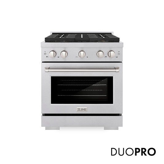 ZLINE 30 in. 4.2 cu. ft. Paramount Gas Range with 4 Burner DuoPro™ Cooktop and Convection Gas Oven in Satin Stainless Steel (PSGRS-30)