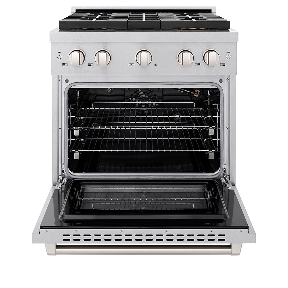 ZLINE 30 in. 4.2 cu. ft. Paramount Gas Range with 4 Burner DuoPro™ Cooktop and Convection Gas Oven in Satin Stainless Steel (PSGRS-30) front, oven open.